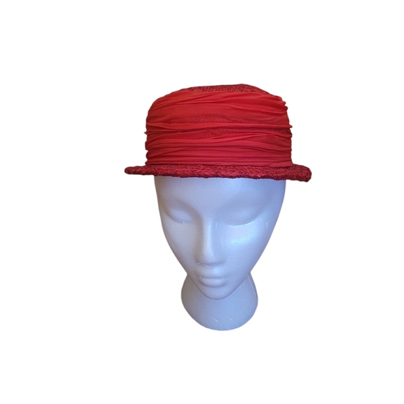 1950's Alfreda‎ Red Straw and Chiffon Peach Basket Hat - Picture 2 of 7